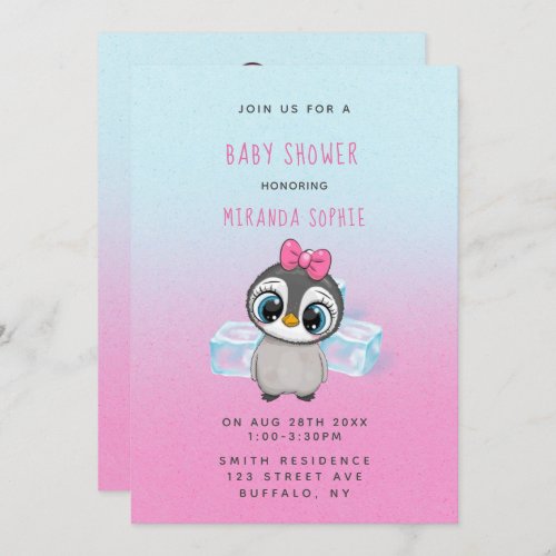 Cute Penguin with Big Eyes Girl Baby Shower Invitation