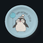 Cute Penguin with Blue Balloon Personalized Paper Plates<br><div class="desc">With its adorable penguin illustration these paper plates are perfect for birthday parties for penguins fans as well as holiday parties. The feature an illustration of a cute little penguin holding a blue balloon against a light blue background. Use the template field to personalize the message on these paper plates....</div>