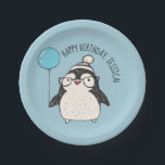 Cute Penguin with Blue Balloon Personalized Paper Plates<br><div class="desc">With its adorable penguin illustration these paper plates are perfect for birthday parties for penguins fans as well as holiday parties. The feature an illustration of a cute little penguin holding a blue balloon against a light blue background. Use the template field to personalize the message on these paper plates....</div>