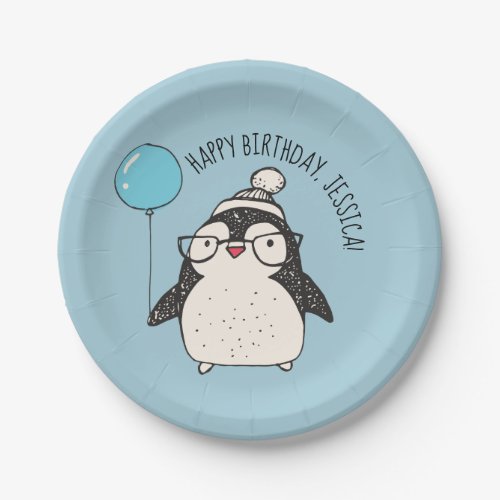 Cute Penguin with Blue Balloon Personalized Paper Plates