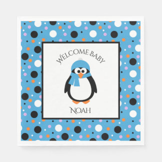 Cute Penguin with Blue Hat and Scarf on Polkadots  Napkins