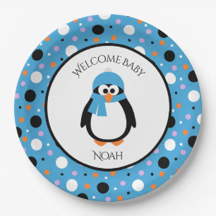 Cute Penguin with Blue Hat and Scarf Polka-Dots Paper Plates