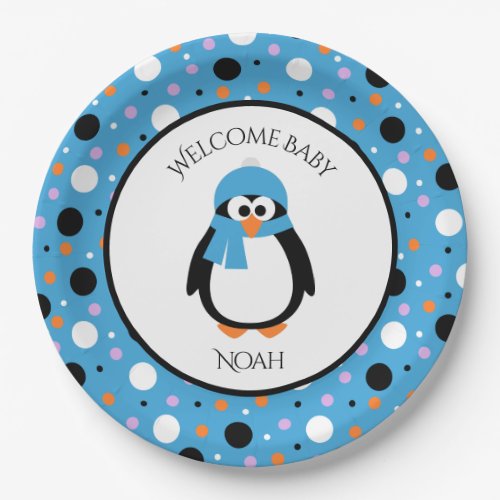 Cute Penguin with Blue Hat and Scarf Polka_Dots Paper Plates
