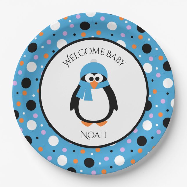 Cute Penguin with Blue Hat and Scarf Polka-Dots Paper Plates (Front)