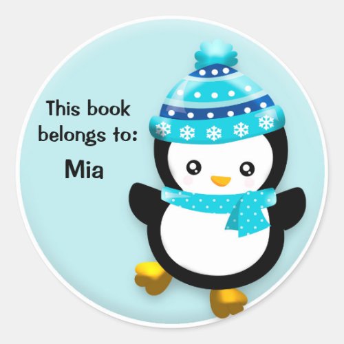 Cute Penguin with Blue Hat Book Name Sticker