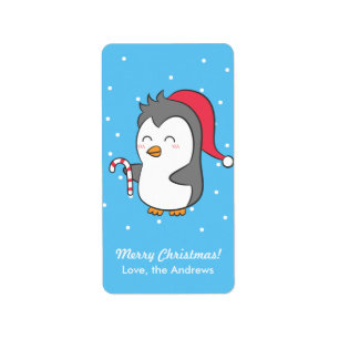 Cute Penguin With Candy Cane Greeting Label