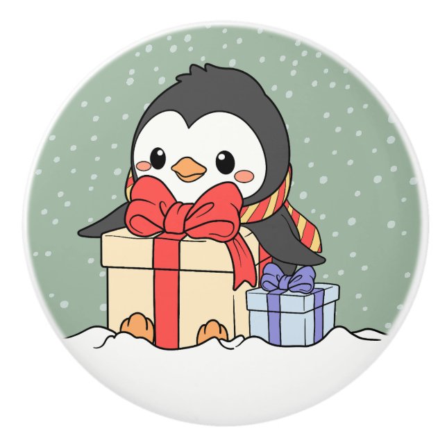 Cute penguin with Christmas gifts in the snowfall  Ceramic Knob (Front)