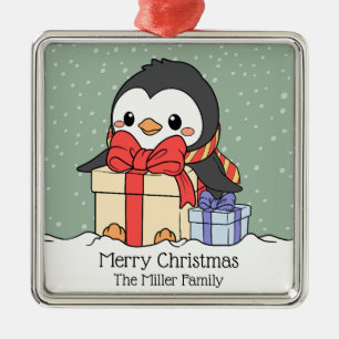 Cute penguin with Christmas gifts in the snowfall  Metal Ornament