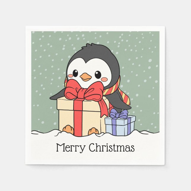 Cute penguin with Christmas gifts in the snowfall  Napkins (Front)
