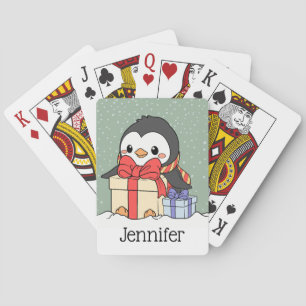 Cute penguin with Christmas gifts in the snowfall Poker Cards