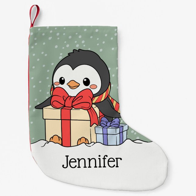 Cute penguin with Christmas gifts in the snowfall  Small Christmas Stocking (Front)