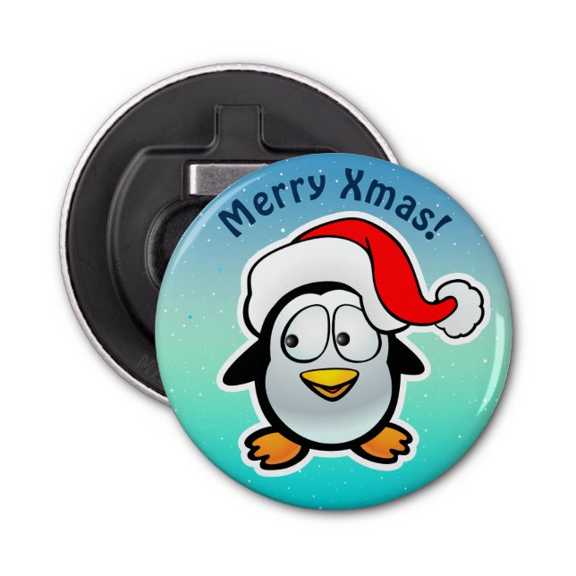 Cute Penguin With Christmas Hat Cartoon Bottle Opener (Front)