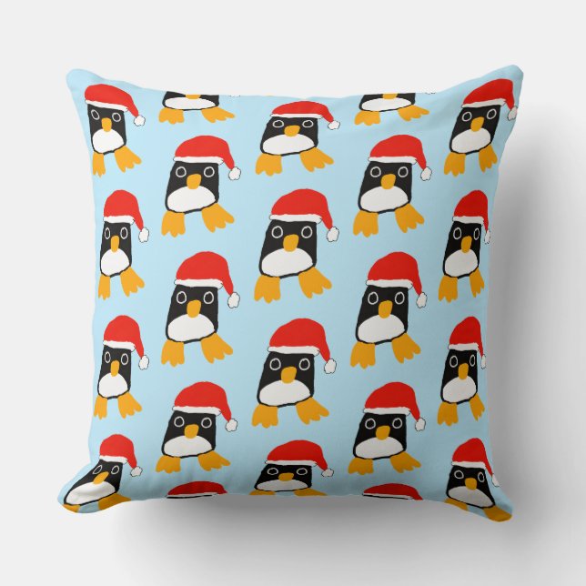 Cute Penguin With Christmas Hat Throw Pillow (Front)