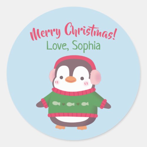 Cute Penguin With Ear Muffs And Christmas Sweater Classic Round Sticker