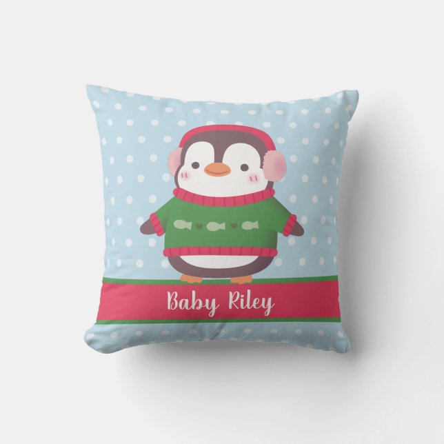 Cute Penguin With Ear Muffs And Sweater Throw Pillow (Front)