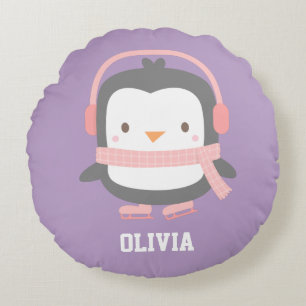 Cute Penguin with Ear Muffs Girls Room Decor Round Pillow