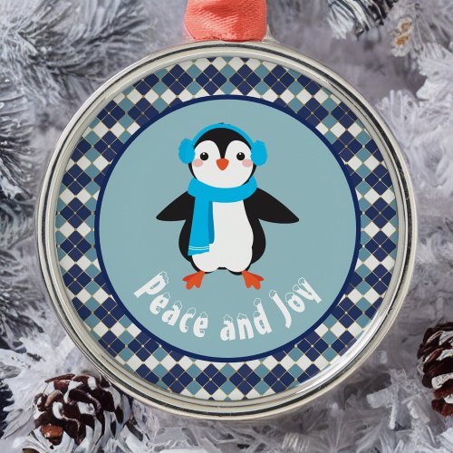 Cute Penguin with Earmuffs Peace and Joy Metal Ornament