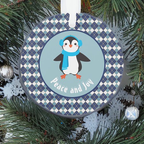 Cute Penguin with Earmuffs Peace and Joy Ornament