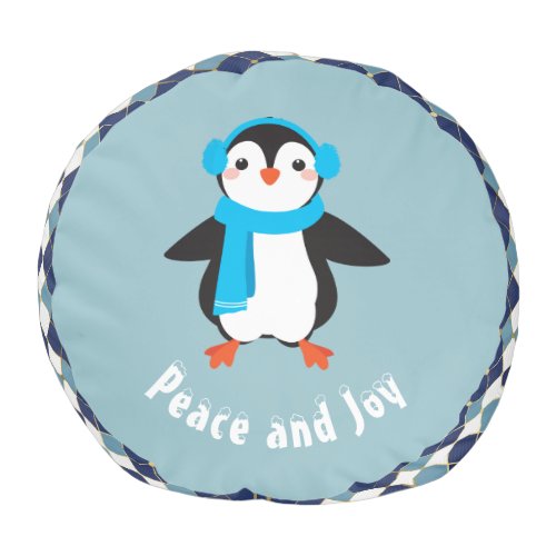 Cute Penguin with Earmuffs Peace and Joy Pouf