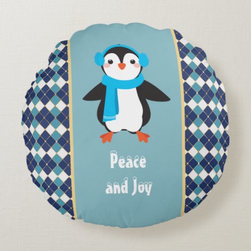 Cute Penguin with Earmuffs Peace and Joy Round Pillow