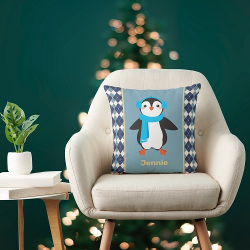 Cute Penguin with Earmuffs with Argyle Accents Throw Pillow