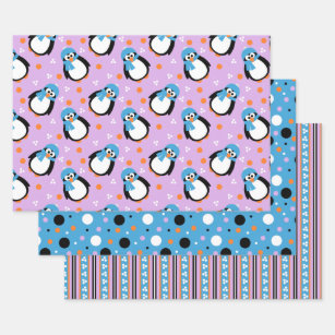 Cute Penguin with Hat and Scarf Stripes Polka-Dots Wrapping Paper Sheets