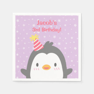 Cute Penguin with Hat Purple Birthday Party Napkins