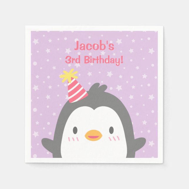 Cute Penguin with Hat Purple Birthday Party Napkins (Front)