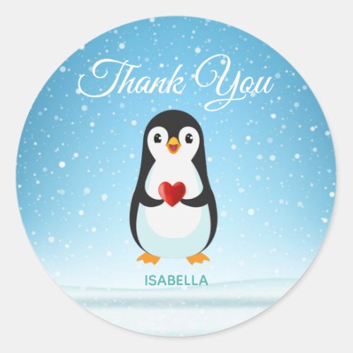 Cute Penguin with Heart on Light Blue Classic Round Sticker