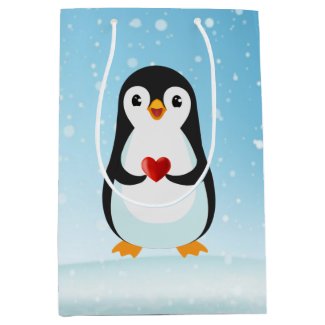 Cute Penguin with Heart on Light Blue