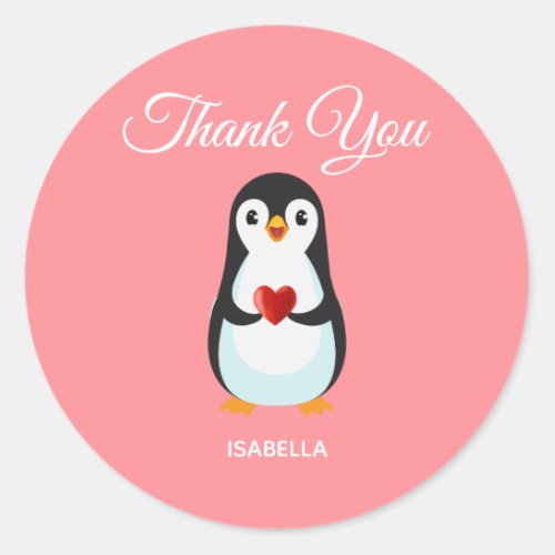 Cute Penguin with Heart on Pink Thank You Classic Round Sticker