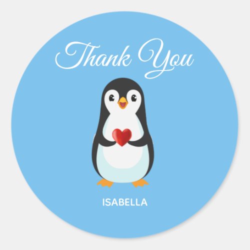 Cute Penguin with Heart on Turquoise Thank You Classic Round Sticker