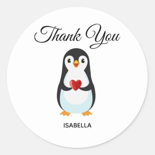 Cute Penguin with Heart Thank You Classic Round Sticker