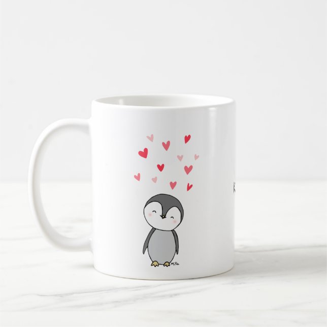 Cute Penguin with hearts Penguin lover Custom Name Coffee Mug (Left)