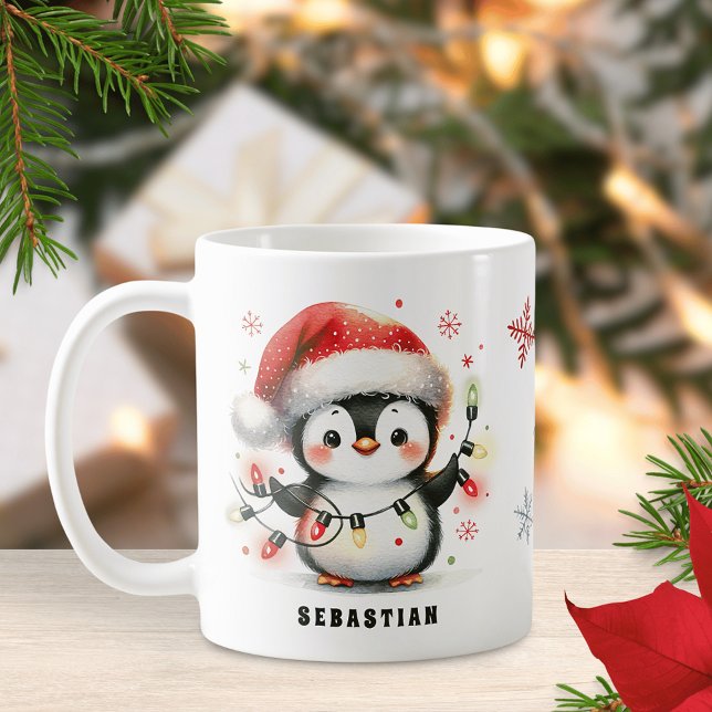 Cute Penguin with Lights Personalized Christmas Coffee Mug (Creator Uploaded)