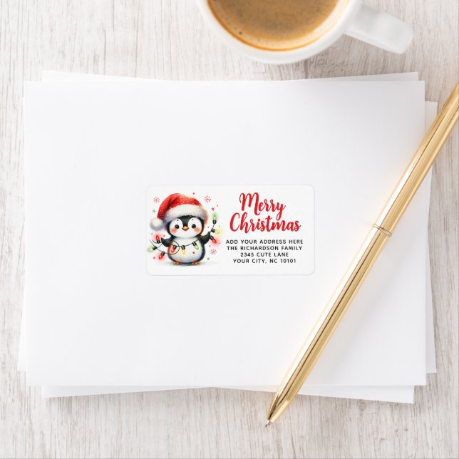 Cute Penguin with Lights Red White Merry Christmas Label (Insitu)