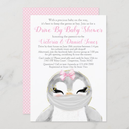 Cute Penguin with Mask Drive By Baby Shower Invitation
