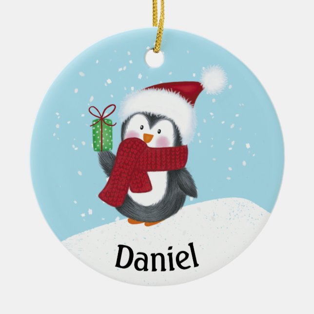 Cute Penguin with Name Christmas Ceramic Ornament (Front)