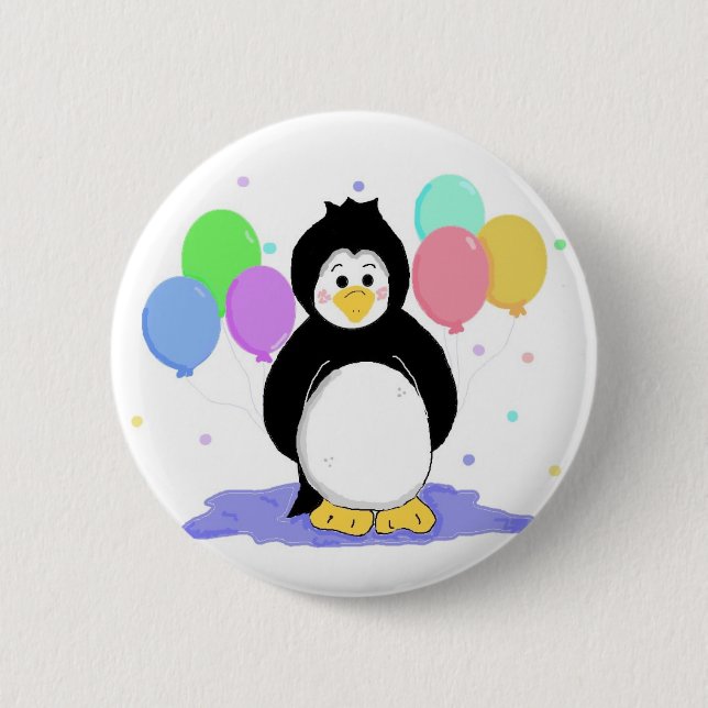 Cute Penguin with Party Balloons Pinback Button (Front)