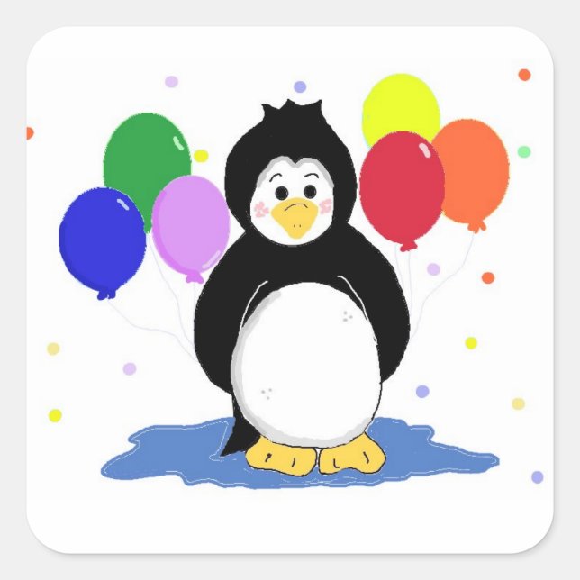 Cute Penguin with Party Balloons Square Sticker (Front)