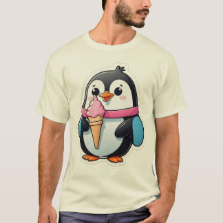 Cute Penguin with Pink Ice Cream Cone Cartoon  T-Shirt