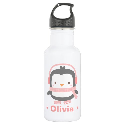Cute Penguin With Pink Scarf and Ear Muffs Stainless Steel Water Bottle