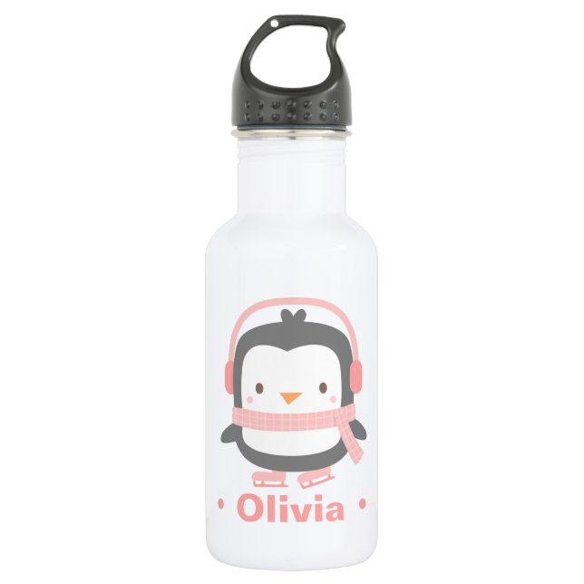 Cute Penguin With Pink Scarf and Ear Muffs Stainless Steel Water Bottle (Front)