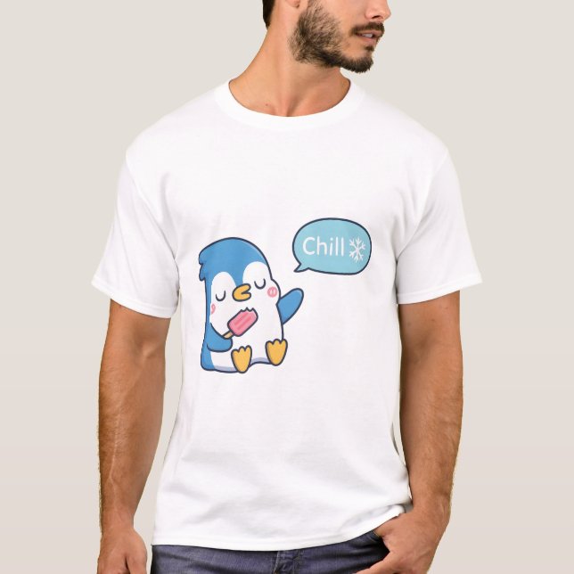 Cute Penguin With Popsicle Says Chill T-Shirt (Front)