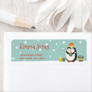Cute Penguin with Present Aqua Green Christmas Label