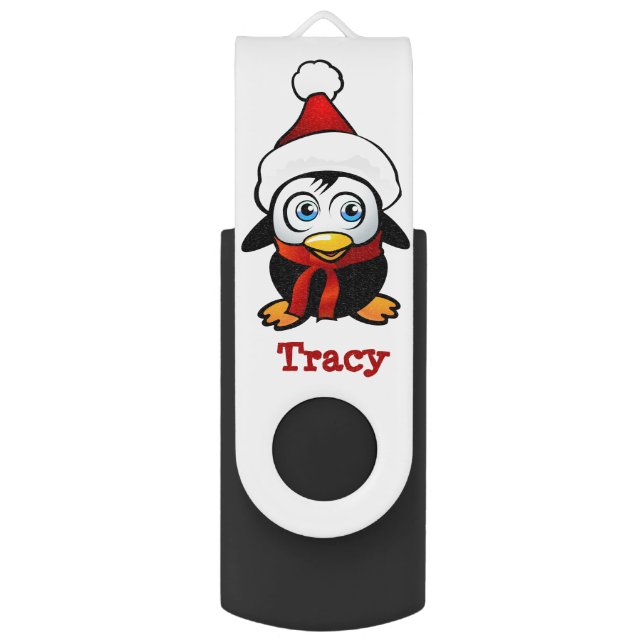 Cute Penguin With Santa Hat Cartoon Flash Drive (Front Vertical)