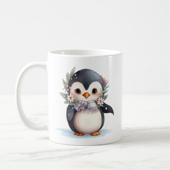 Cute Penguin With Scarf and Holly  Coffee Mug (Left)