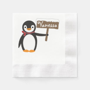 Cute Penguin with Scarf & Wooden Sign Paper Napkins