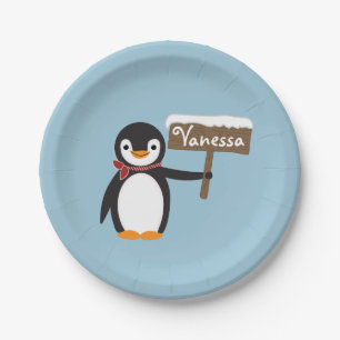 Cute Penguin with Scarf & Wooden Sign Paper Plates
