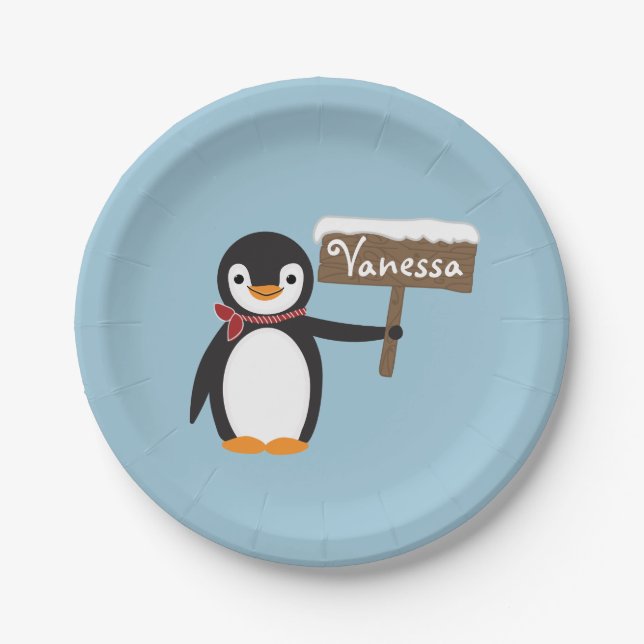 Cute Penguin with Scarf & Wooden Sign Paper Plates (Front)